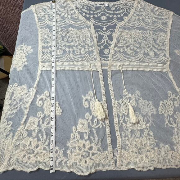 ROOMMATES Lace Duster Cardigan XL Beige Tie at Waist Tassels Boho Romantic Chic - Picture 10 of 11